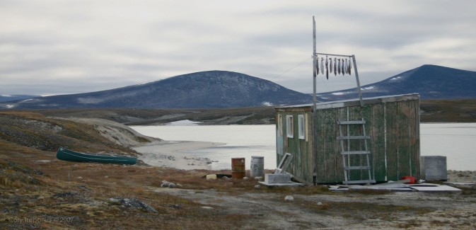 Another cabin near Tommy's at the mouth of the river, with arctic char hanging to dry.