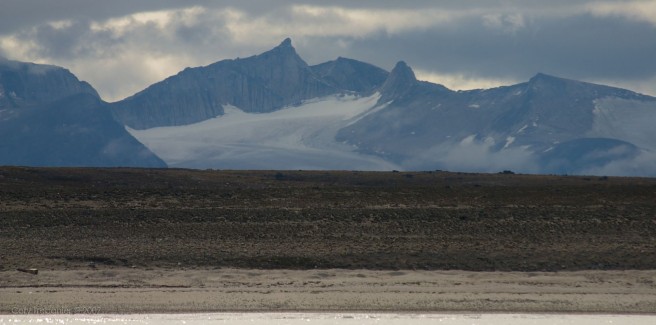 The view from the back window of Tommy's cabin. Spectacular glacier-laden mountains in the distance.