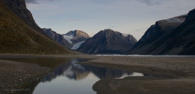 The quiet bay off the fiord that we camped at (tents are pitched to the left of the photo). The fiord itself acts like a wind tunnel, and this bay offered some escape from the constant winds.