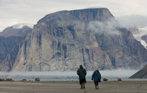 Jayko and Sam hiking back to the boat with a striking background in the distance. Their experience around polar bears, and their confidence on the land, gave be assurance that I was in good hands.