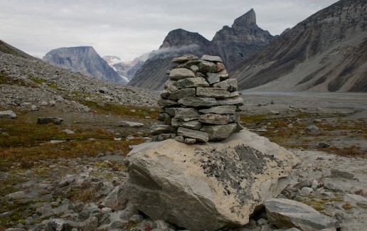 A less typical looking Inukshuk, carefully crafted with many stones. Sam figures its been there for many years.