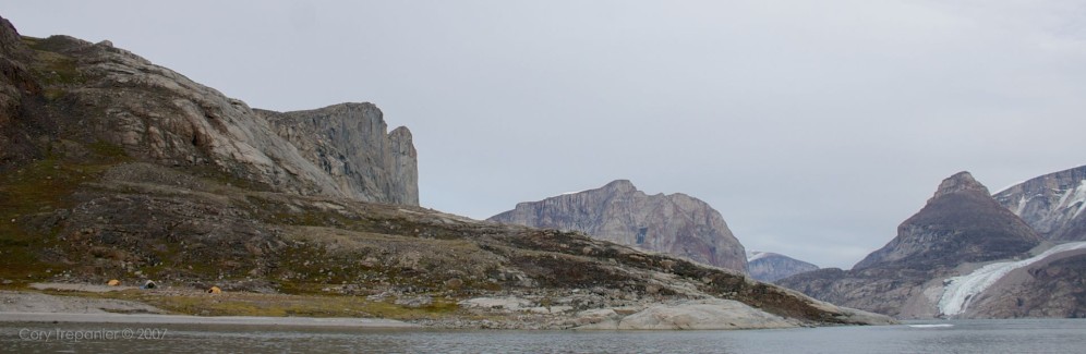 Our camp on the left is dwarfed in the land of giant mountains.