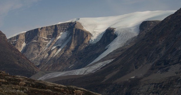 The view from my tent: glaciers draping over the mountains.