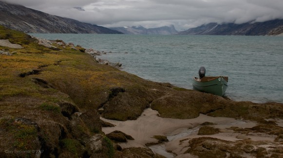 Looking back up the Walker Arm Fiord. I took a break from painting and joined Sam and Jayko and they took a look for some caribou to add to the dinner list, and to take home to their families. None were to be found.