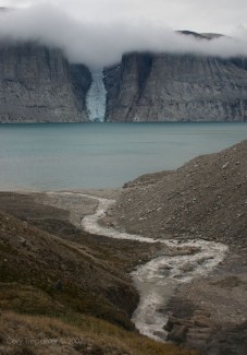 River on one side, glacier on the other.