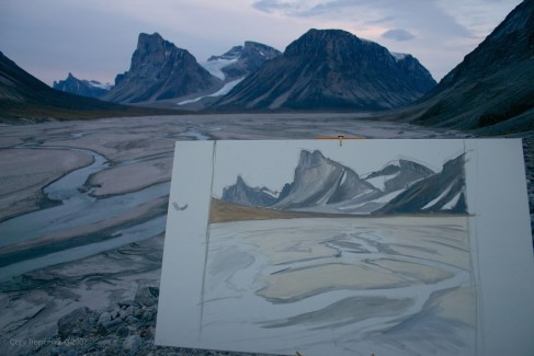 The sweeping curves of the river in the foreground, set off by the shapes of the varied peaks and glaciers behind it, created a compelling composition that I just had to paint.